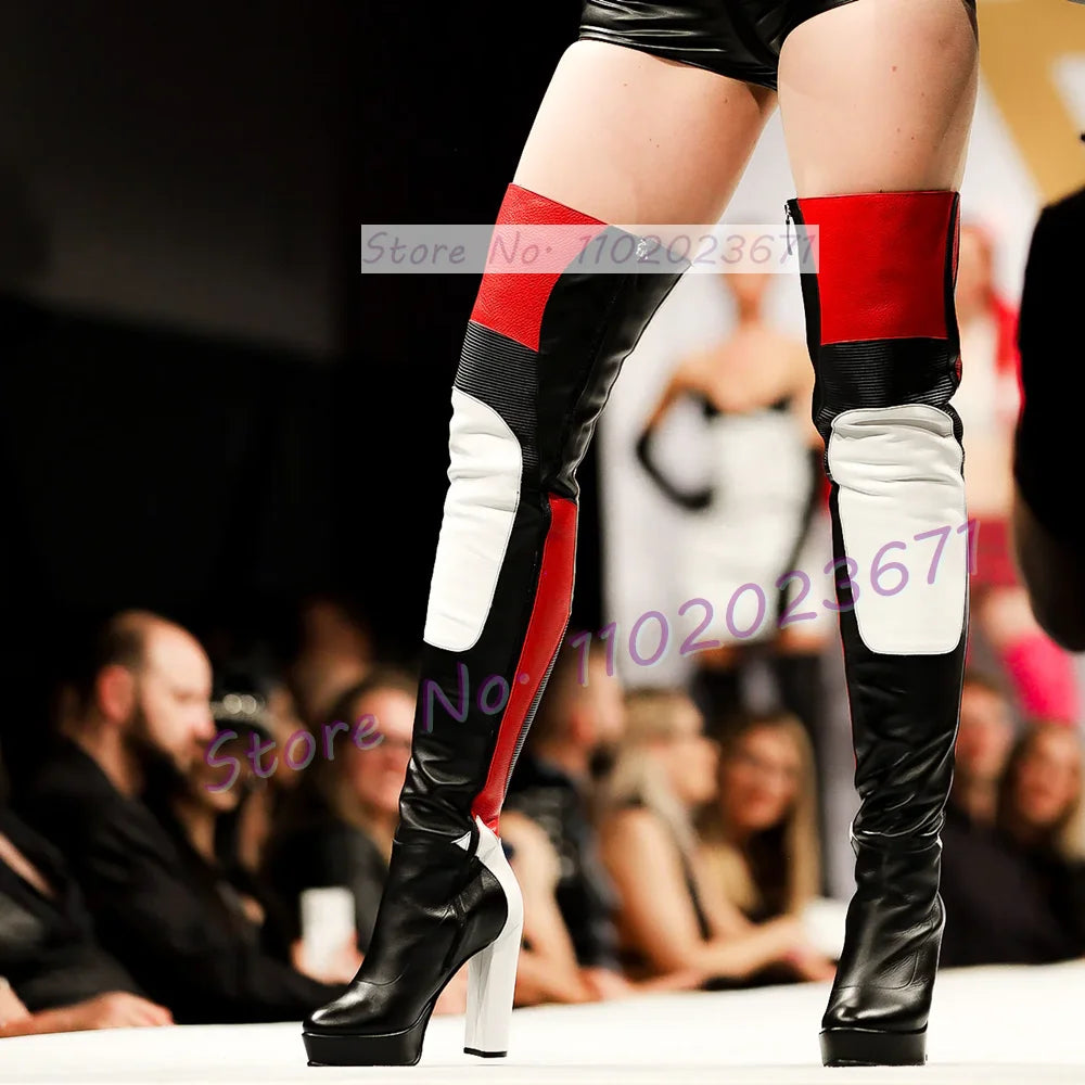 Colorful Patchwork Platform Thigh High Boots Women Sexy Catwalk Slim Round Toe Shoes Female Block High Heel Motorcycle Boots