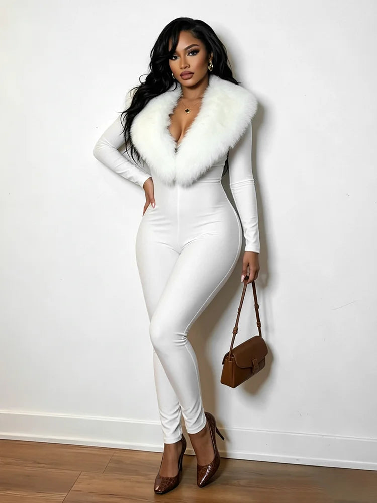 Weird Puss Plush Patchwork Jumpsuits Woman Autumn Trend Low-Neck Full Sleeve Skinny Stretch Midnight Club Party Fashion Overalls