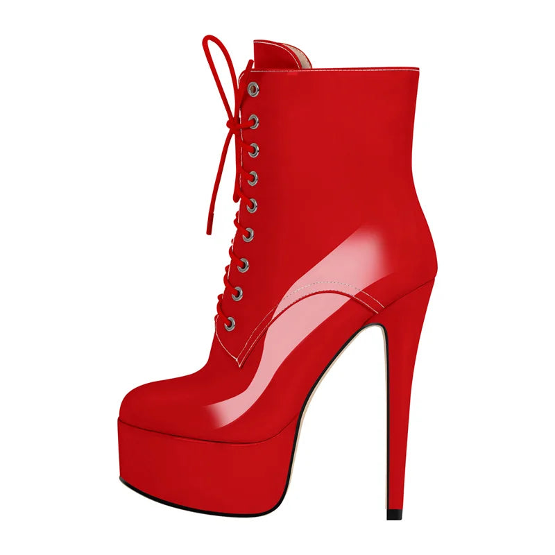 Onlymaker Women Round Toe Platform Lace-up Stiletto Printed Side Zipper Stiletto High Heel Ankle Boots