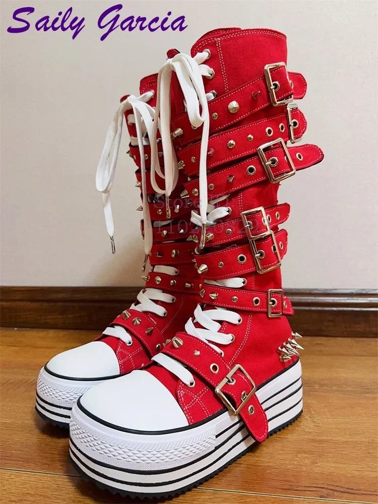 Festival Rave Orange Platform Boots Punk Rivet Buckle Straps Knee High Boots 2026 Fashion Thick Sole Women Shoes Party Footwear