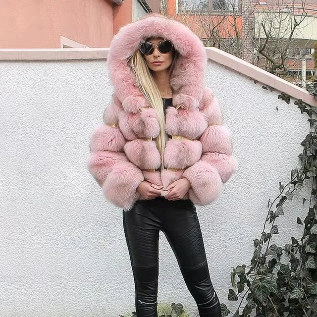 Fashion Winter Women Imitation Fox Fur Jacket Hooded Loose Long Sleeves Female Eco Fur Coat Patchwork Plush Thick Lady Fur Coat