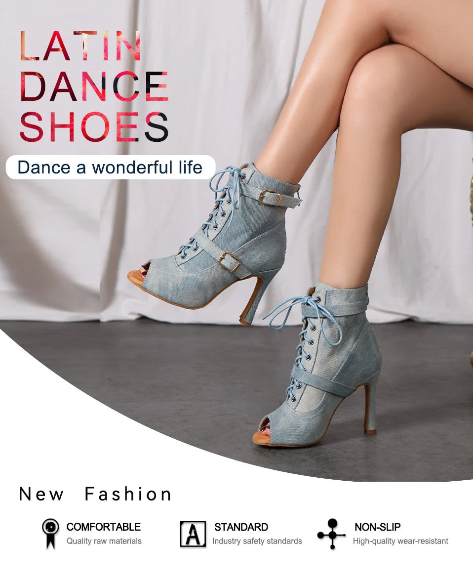 SWDZM New Ladies Dance Shoes Ballroom Dance Boots Denim Jazz Dance Shoes Girls Sexy Pole Dance Ballroom Dance Cowboy Boots