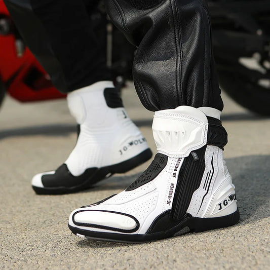 High Motorbike BootsMen Racing Riding Shoes Breathable Anti Slip TPU Protective Motorcycle Boots Side Zipper Rubber Sole