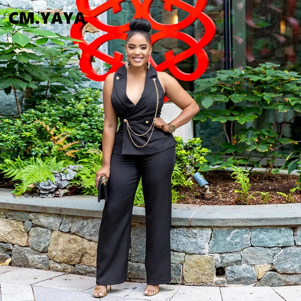 CMYAYA Elegant Womenv-neck High Waist Straight Sleeveless Blazer Jumpsuits 2024 Fall Street Chain Office Lady Party Rompers