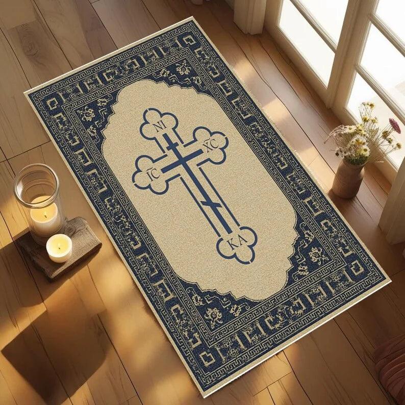 Classical Greek Key Orthodox Cross Area Rug | Christian Prayer Mat Rugs for Bedroom Home Carpets Bedroom Decor Area Rug