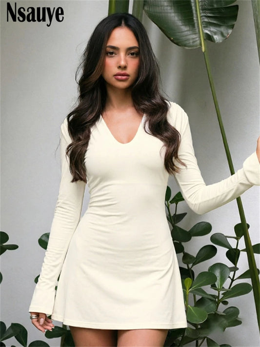 Nsauye Women's Casual Long Sleeve V Neck Slim Dress Women Clothing Elegant Shoulder Pads Short Dresses Vestidos