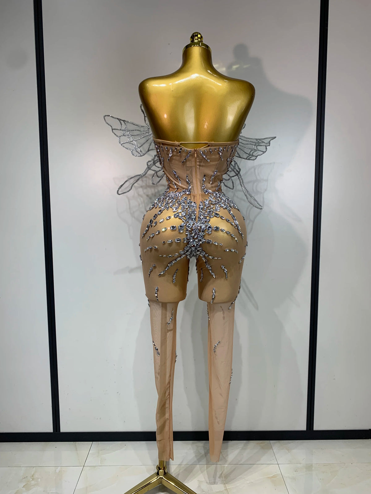 Sparkly Silver Diamond Butterfly Strapless Sheer See Through Jumpsuit Eveing Party Birthday Bar Nightclub Sexy Stage Costumes