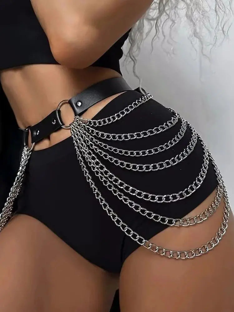 Gothic Punk Black PU Leather Belt with Fringe, Adjustable Harness Waist Chain for Women, Rockabilly Halloween Festival Accessory