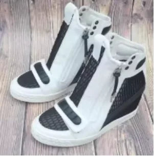 Mesh Net Height Increasing Ankle Boot 8CM Round Toe Hook Loop Leisure Shoes Zipper Rubber Sole Wedge Shoes Black White