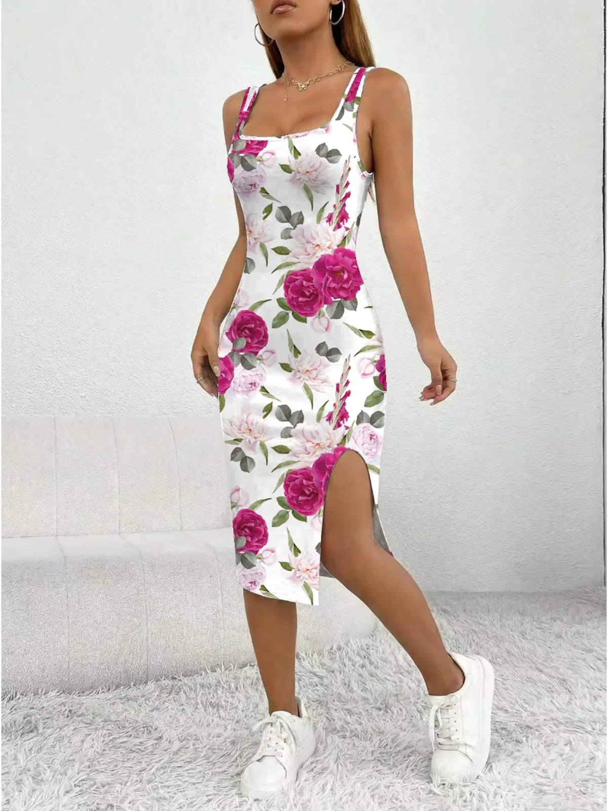 Women's Floral Print Sleeveless Dress Casual Elegant Comfortable Mid-Length Skirt with Thick Shoulder Strap Square Neck Slit