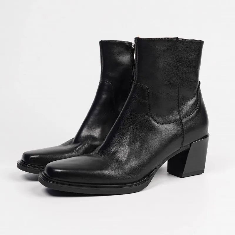 Elegant Office Ladies Chunky Heels Genuine Leather Short Boots Square Toe New Designer Shoes Women Vintage Cowhide Ankle Boots
