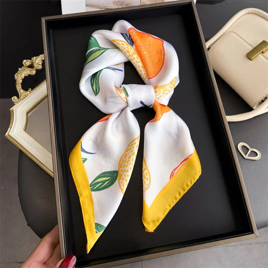 2026 Korean Version Fruit Print Square Scarf Women Head Scarves Fashion Decorate Neckerchief Female Neck Ties Soft Hijab Foulard