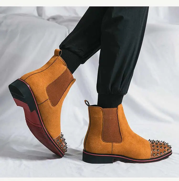 New Brown Men Chelsea Boots Flock Rivet Square Toe Red Sole Punk Handmade Men Short Boots Bottes Pour Hommes