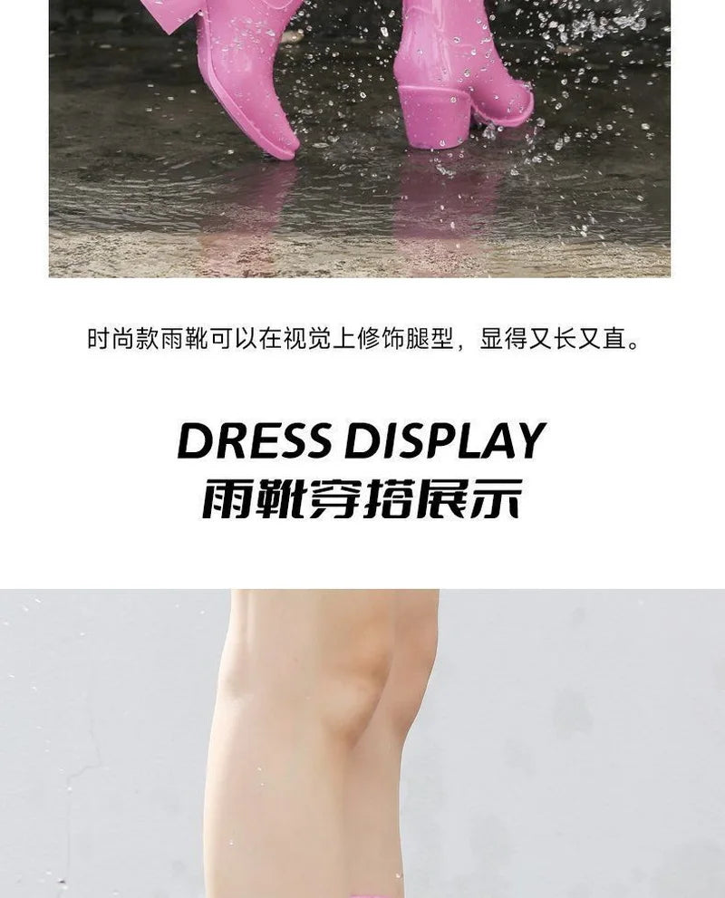 FHC Chunky High Heels Rain Boots,Women's Waterproof Mid Calf Botas,Kitchen Work Shoes,Cowboy Booties,Black,PInk,Red,Dropship
