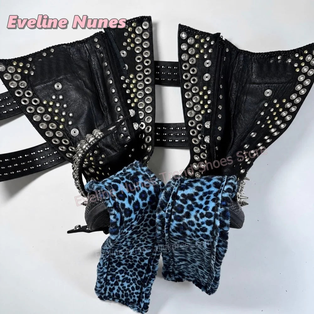 Blue Leopard Print Platform Knee High Boots Metal Spikes and Studs Decor Multi Strap Design Punk Goth Canvas Shoes 2026 Trend