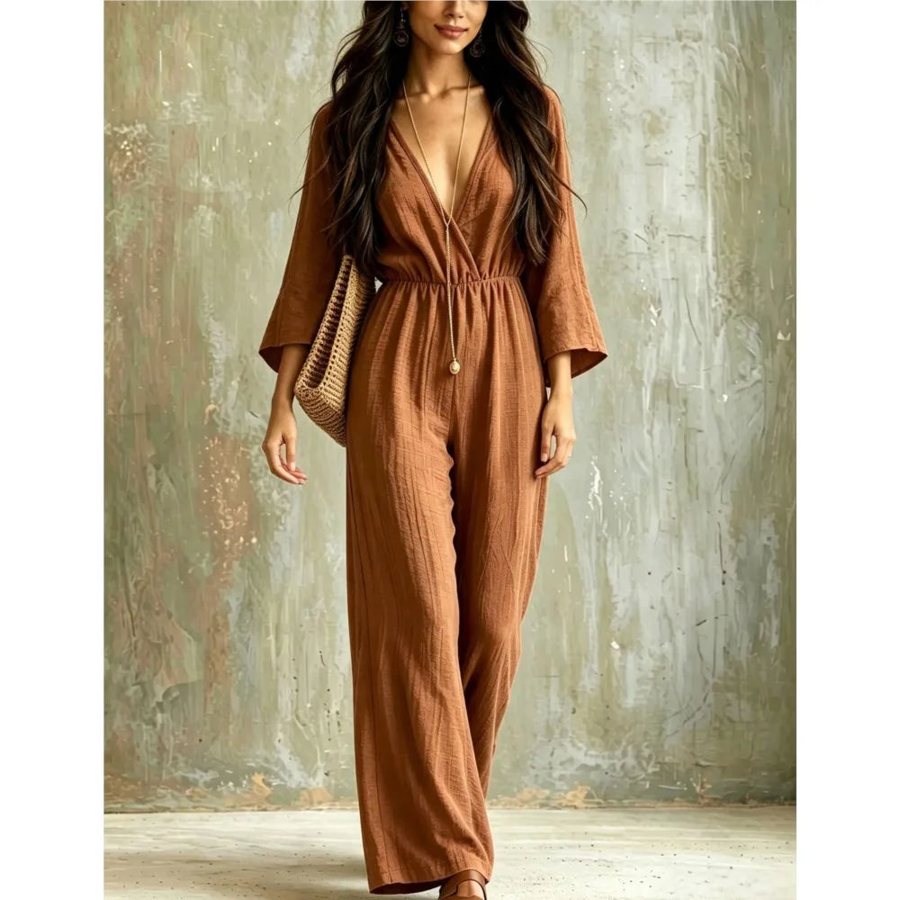 Women Sexy Deep V Neck Flare Sleeve Jumpsuits Spring Autumn Solid Crinkle High Waist Loose Casual Holiday Wide Leg Pants Romper