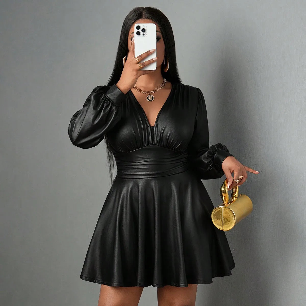 plus Size Leather Skirt for Women Deep V Neck Lantern Sleeve Waist Cinched A-Line Party Outfit Sexy Girl's Ensemble