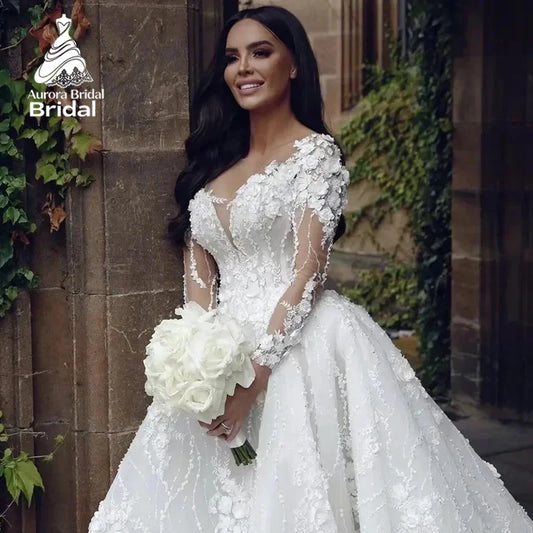 Aurora Customzied Elegant 3D-Appliques Shinny Lace Appliques A-Line Wedding Dress De Mariée Side Split Long Sleeves Bridal Gown