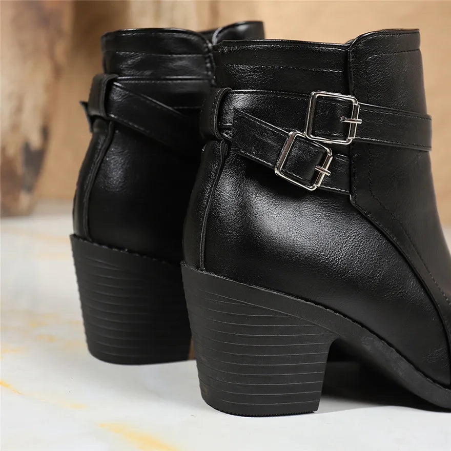 Retro Belt Buckle Women Short Ankle Boots Plus Size 43 Autumn Zipper Soft Leather Square Heel Ladies Pointed Toe Party Shoes New
