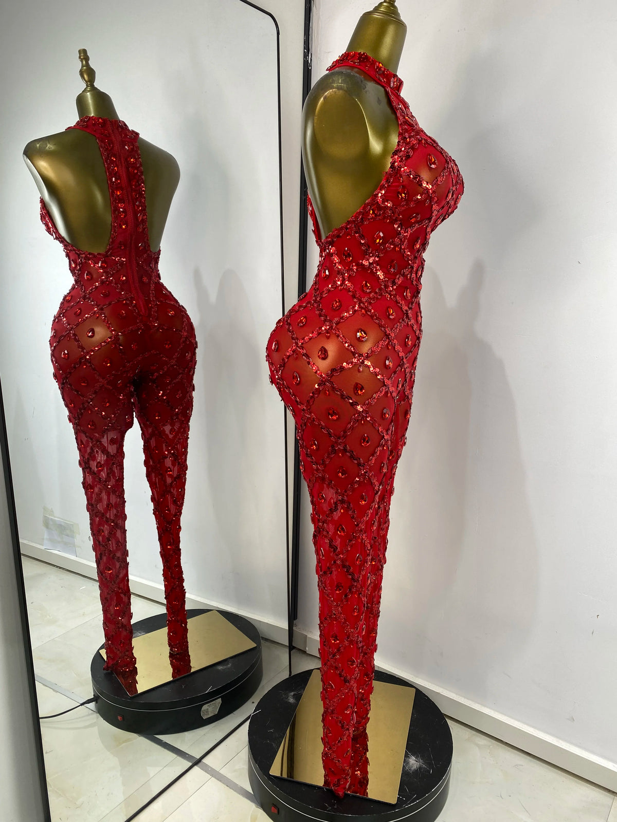 Women Rhinestones Sequines Mesh Bodycon Jumpsuits Sexy Special Occassion Nightclub DJ Dancer Stage Costumes Evening Club Dress