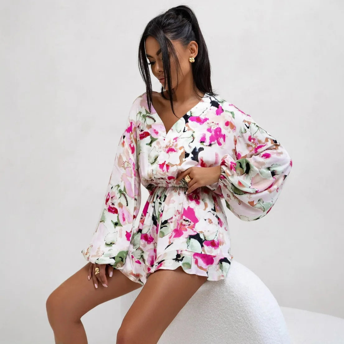 Fashion Print Jumpsuit V-neck Buttons Long Sleeves High Waist Spliced ruffle Slim Shorts Jumpsuits For Women Spring New Style