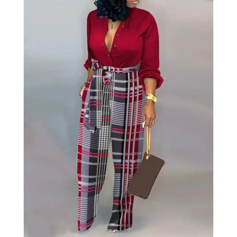 2024 Autumn Casual Women Jumpsuits Print V-Neck High Waist Belt Long Sleeve Elegant Straight Pants Jumpsuit Rompers For Women