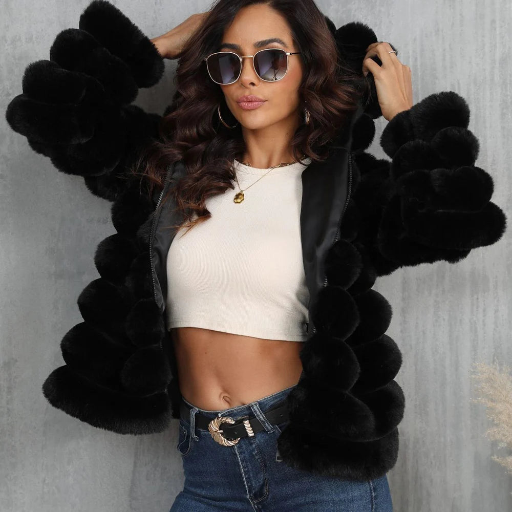 2026 Winter Hooded Plus Size Faux Fur Cropped Coat Women Furry Long Sleeve Plush Jacket Lady Large Fake Fur Warm Fluffy Cardigan