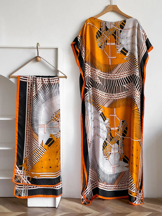 Luxury Geometric Horse Print Satin Abaya Scarf Set, Loose Batwing Maxi Kaftan For Muslim Women Summer Holiday Daily Wear
