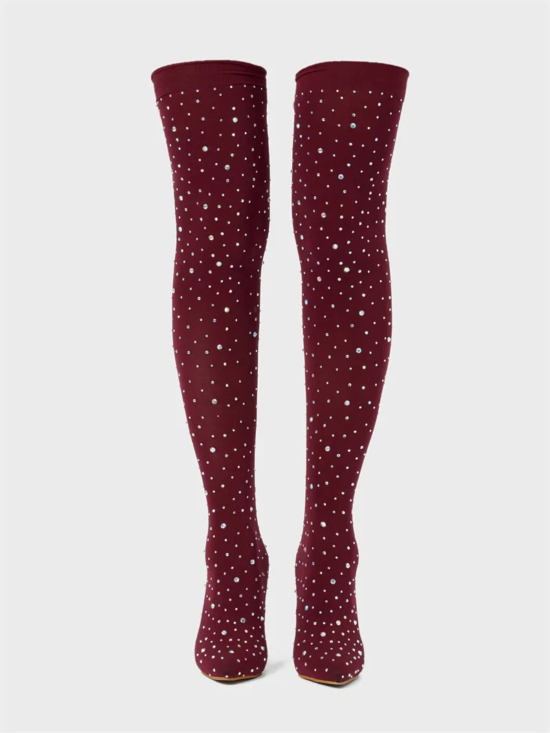 Liyke Sexy Pointed Toe Crystal Rhinestone Stretch Fabric Thigh High Boots Women Thin Heels Over The Knee Socks Shoes Size 35-43