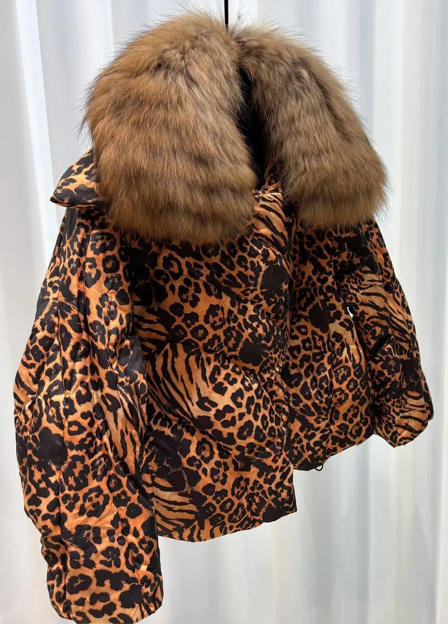 Women's Leopard Print down Jacket European Winter Natural Raccoon Fur Collar Short Warm Duck down Coat