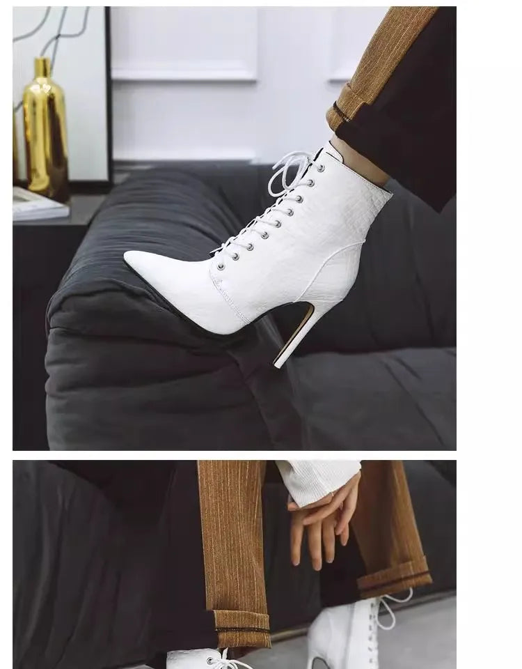 12CM Stiletto Heels Botas Mujer Fashion Pointed Lace-up Ankle Boots Roman Ladies Shoes Autumn Winter Women Emboss Short Booties