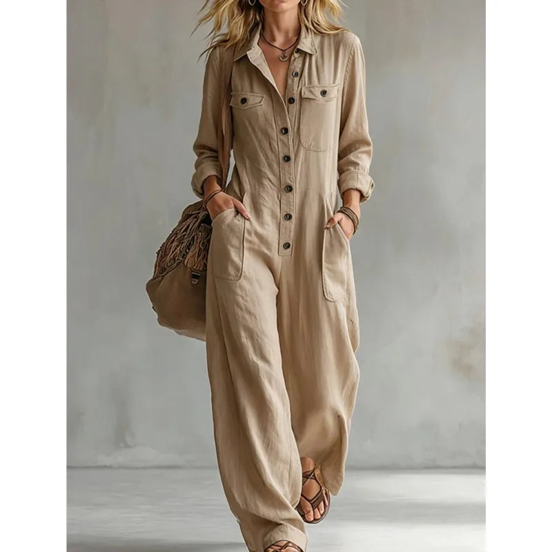 Autumn Simple Solid Women's Jumpsuit Fashion Button Half Open Design Loose Lapel Jumpsuits With Pocket Ladies Office Clothing