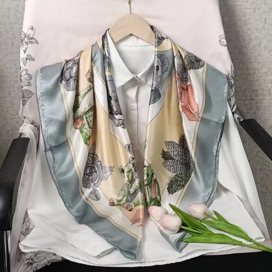 Luxury Retro Printed Silk Bandana Square Scarf, 90 * 90CM, Women's Fashionable Tie Headscarf, Casual Shawl, Belt