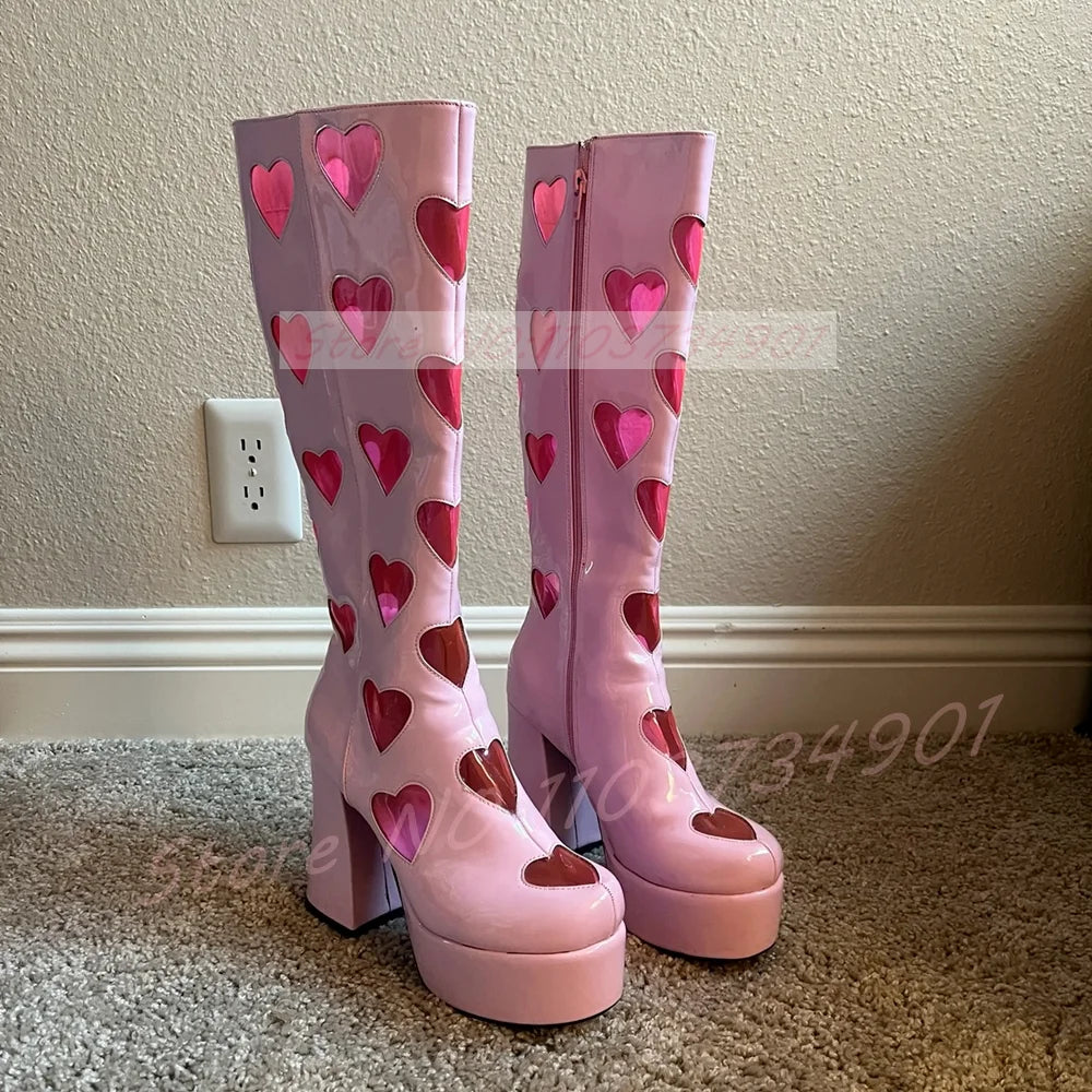 Cutout Heart Window Platform Knee High Boots Women Pink PVC Hollow Round Toe Block Heels Shoes Lady Y2K Street Fashion Boots
