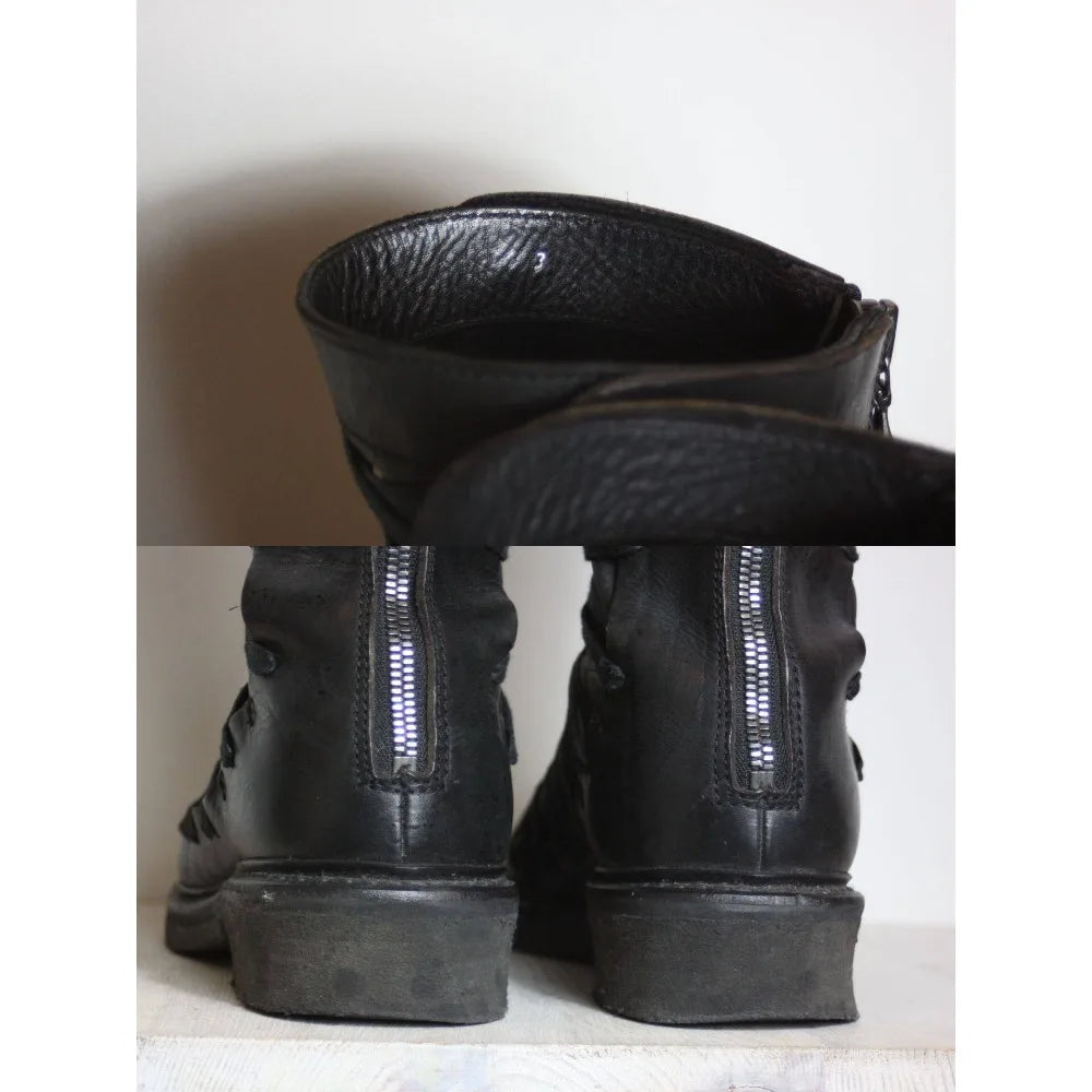 Side Cross Tied Black Walking Boots Fashion Men's Mid-calf Knight Boots Flat Round Toe Solid Back Zipper Western Chelsae Boots