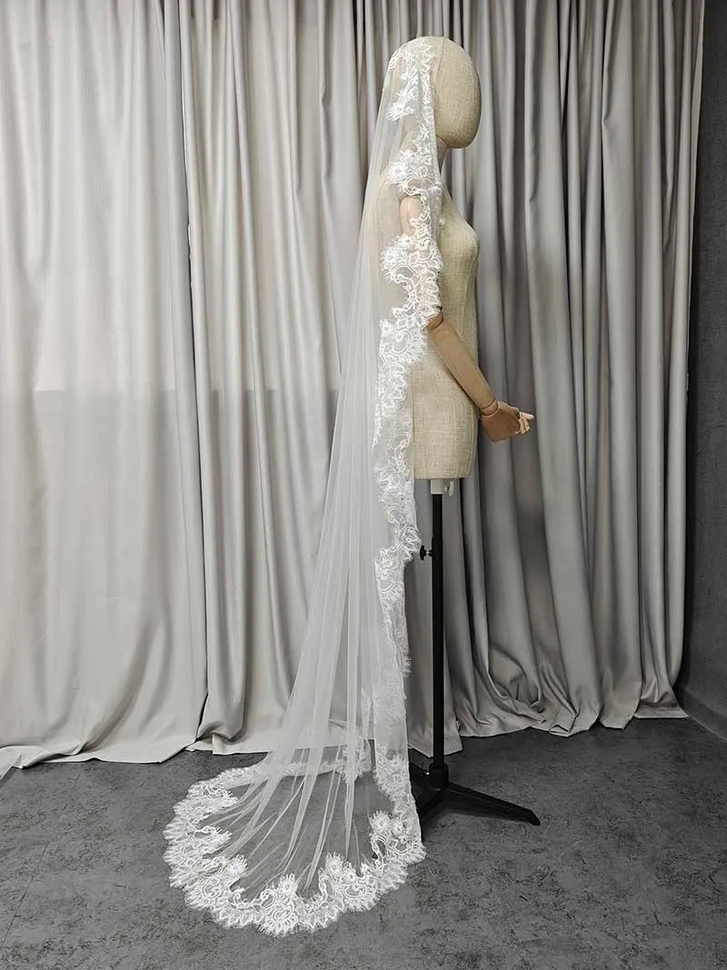 Customized Mantilla Veil with Eyelash Lace, Single Tier 1m/1.5m/2m Wedding Veil with Hidden Comb, Eyelash Lace Ivory Bridal Veil