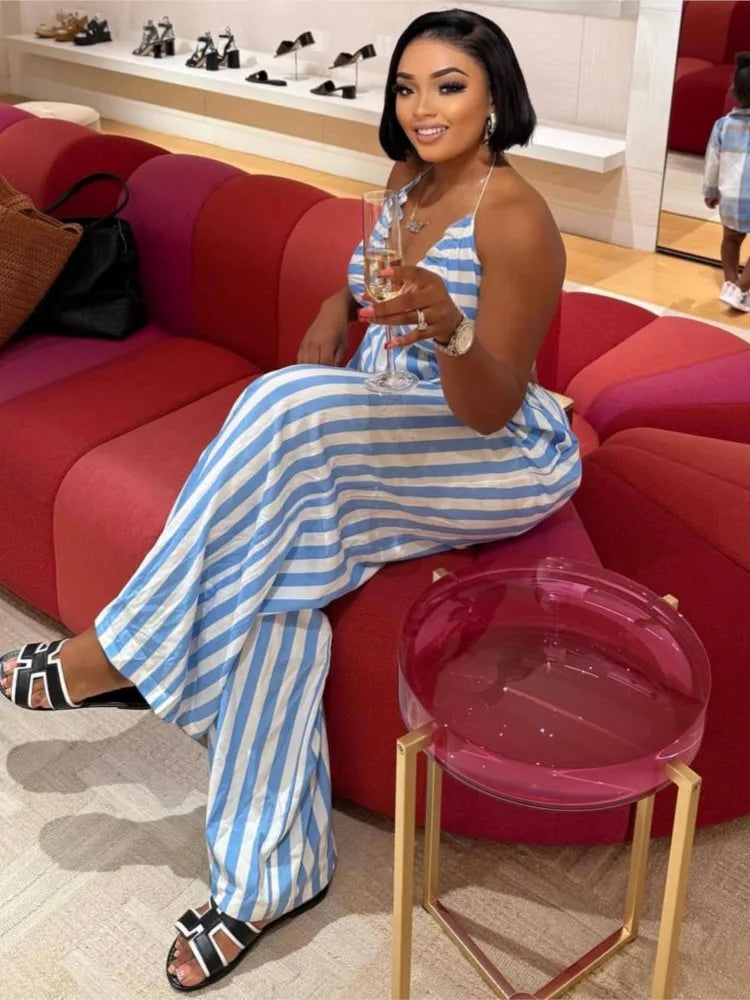 Sexy Jumpsuit Solid Color Casual Striped Halterneck Deep V-neck Wide-leg Jumpsuits Casual Holiday Party Daily Rompers Women's