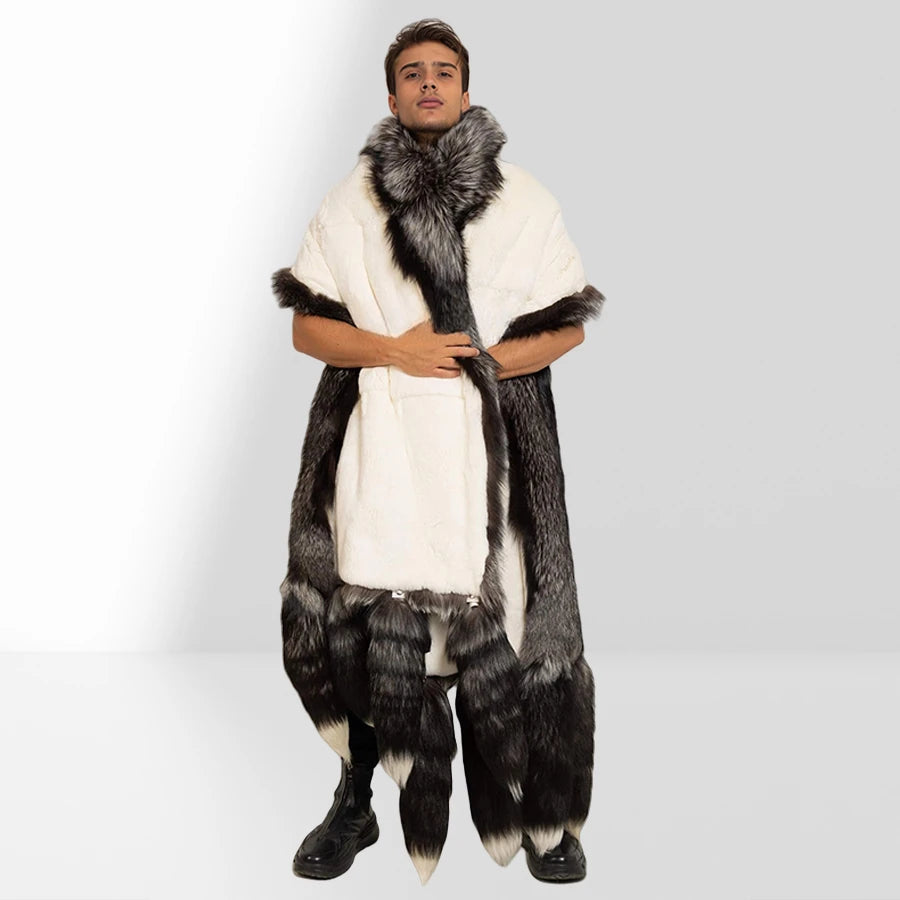 Unisex Double Face Silver Fox & White Rex Boa-Cape With Tails Real Fur Scarf Long Hot Selling Warm Natural Fur Scarf