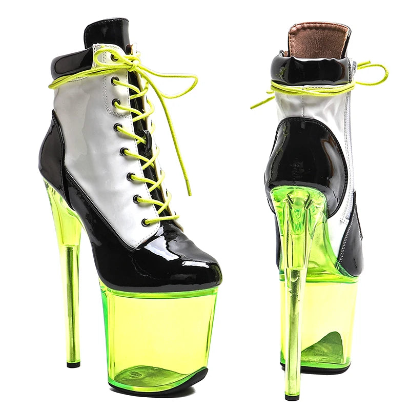 Leecabe 20CM/8inches Patent PU Upper Black & White Fashion Trend Sexy Clear High Heel Platform Ankle Boots Pole Dance Boot