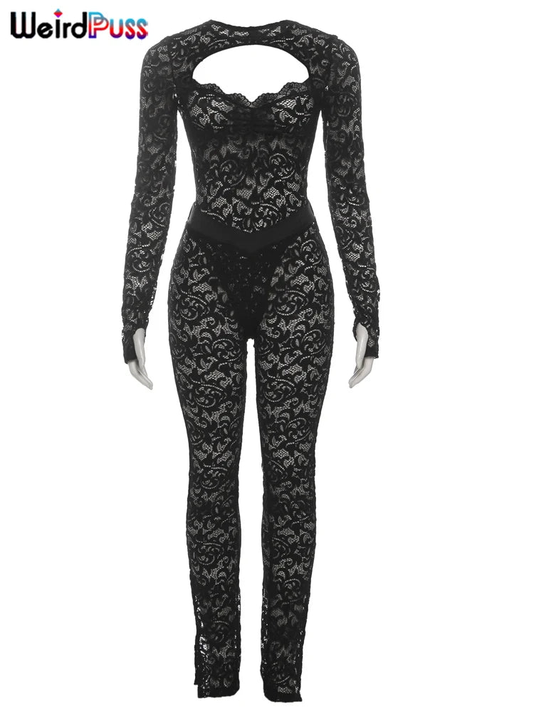 Weird Puss See Through 2 Piece Set Women Sexy Hollow Jacquard Backless Bodysuit+Leggings Tight Activity Clubwear Skinny Outfits