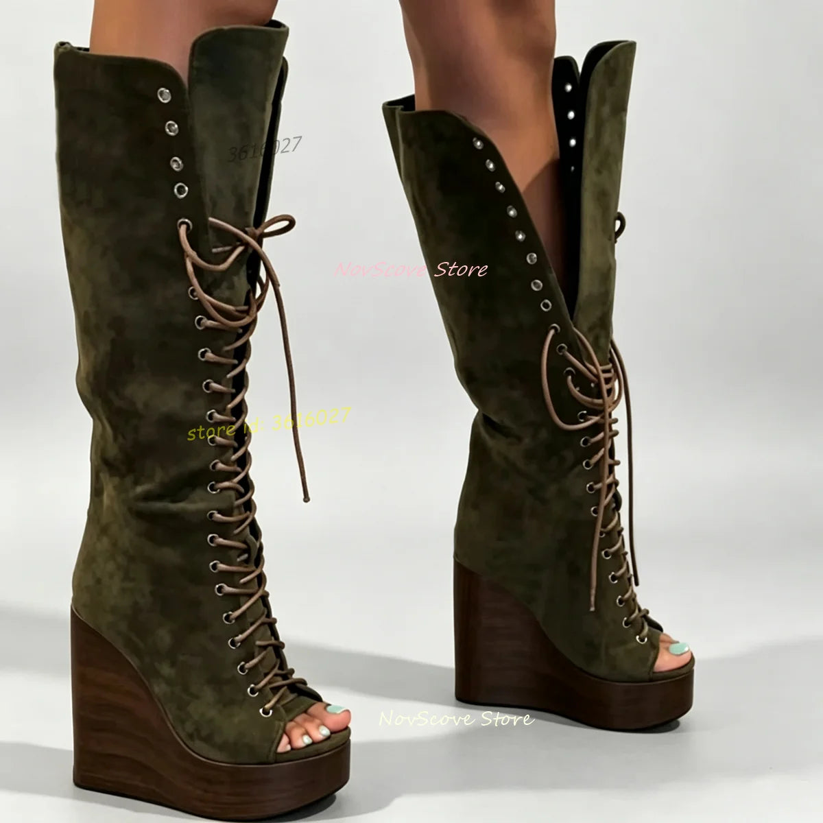 Peep Toe Purple Suede Wedges Knee High Booties Lace Up Faux Wool Pattern Platform Autumn Sexy Women Long Booties Solid Color