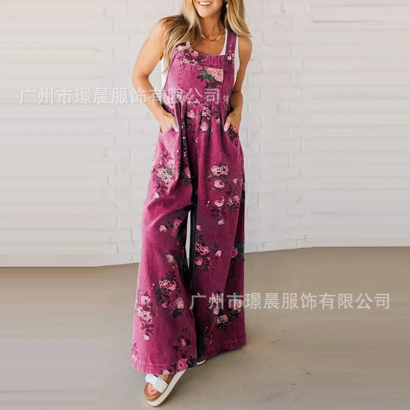 New Summer Women's Fashion Printed Wide-leg Strap Jumpsuit For Women Elegant Loose Party Holiday Casual Jumpsuits Rompers