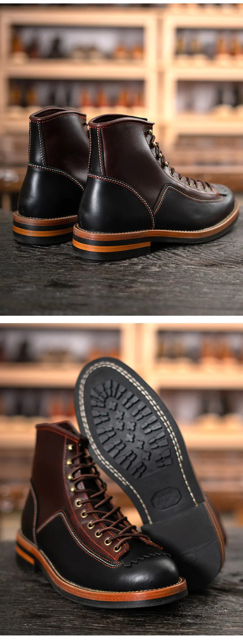 Hand Sewn High Top Men's Shoes with Trendy Lightweight Soles for Outdoor Work Boots