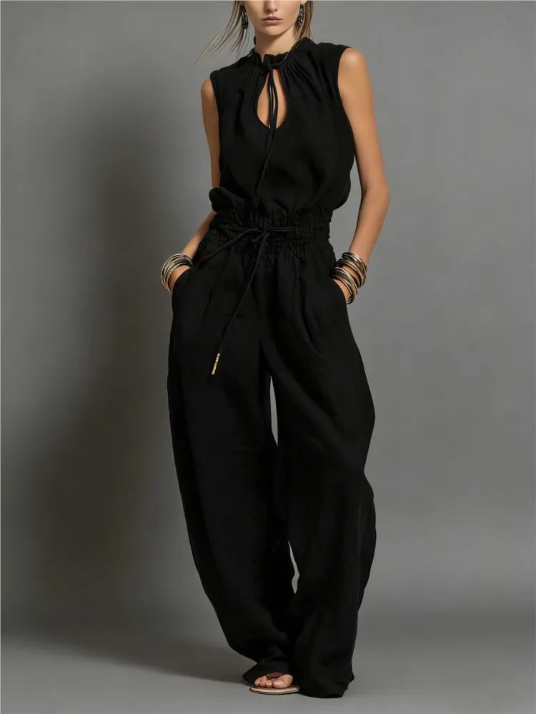 Summer Fashion Elastic Waisted Wide Leg Jumpsuit Women's Sleeveless Sexy Deep V-Neck Lace-up Loose Pockets Female Rompers 2026