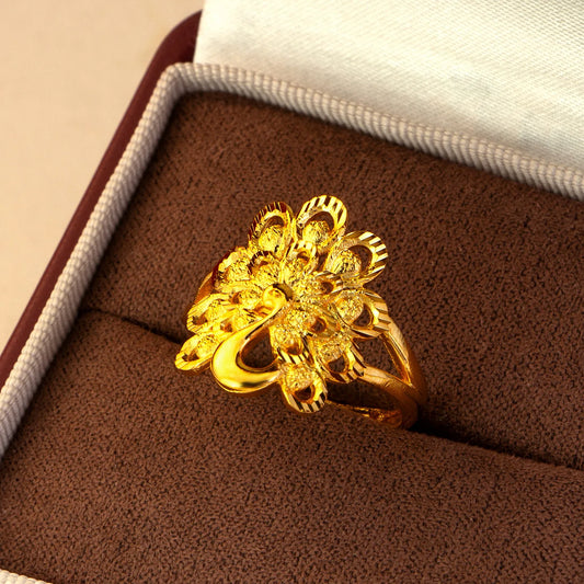 Luxury 24K 9999 Pure Gold real gold Hollow Peacock Ring Women's All-match Open Ring Engagement