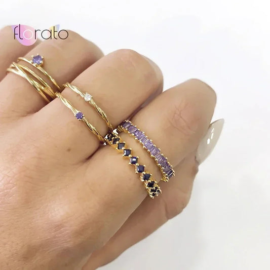 24K Gold Plated Colorful Crystal Gold Rings Turquoise Engagement Wedding Anniversary Ring Light Luxury Fashion Jewelry Gifts A40