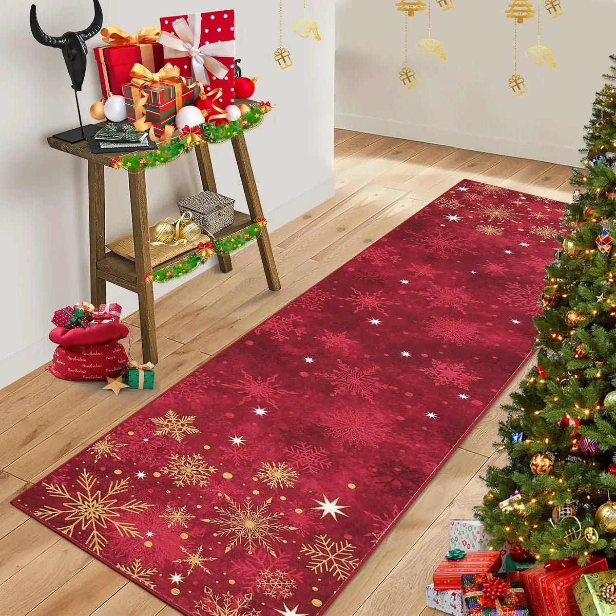 Garvee Christmas Washable Area Rug Xmas Area Rugs Non-Slip Soft Soft Fabric Blue Carpet with Snowflake Design, Low Pile, Durable, Pet Friendly for Holiday Home Decor