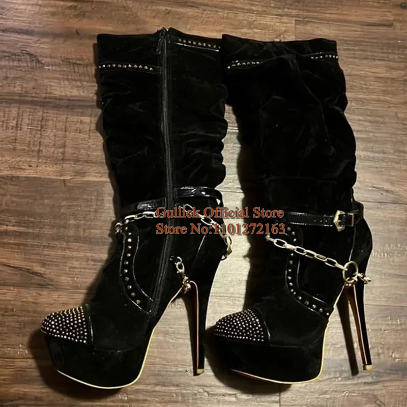 Fashion Gold Chain Strap Studded Knee High Boots Round Toe Black Suede Stretch Fabric Platform Stiletto Heels Boots