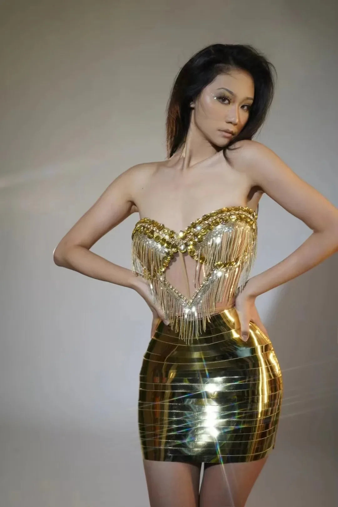 Sexy Off the Shoulder Shinning Sequins Tassel Birthday Bodycon Mini Dress Women Performance Custome Customized Gold Color