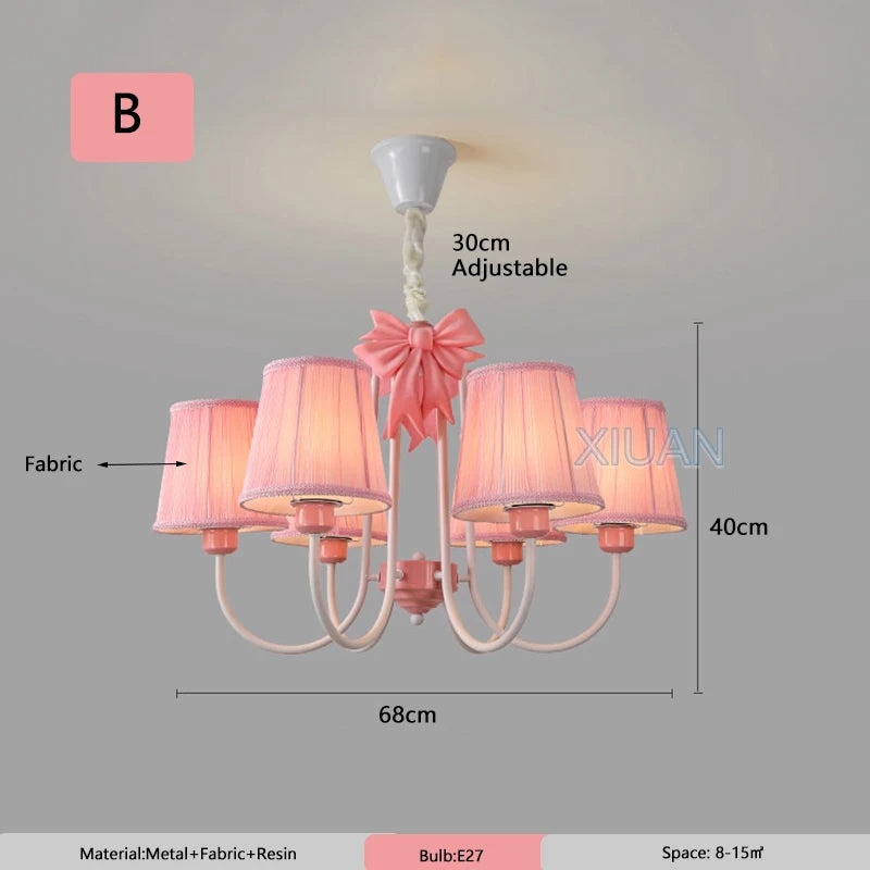 Romantic Princess Room Pink Chandelier Lamps French Bow Tie Pendant Light LED E27 Kids Girl Baby Bedroom Ceiling Chandelier Lamp